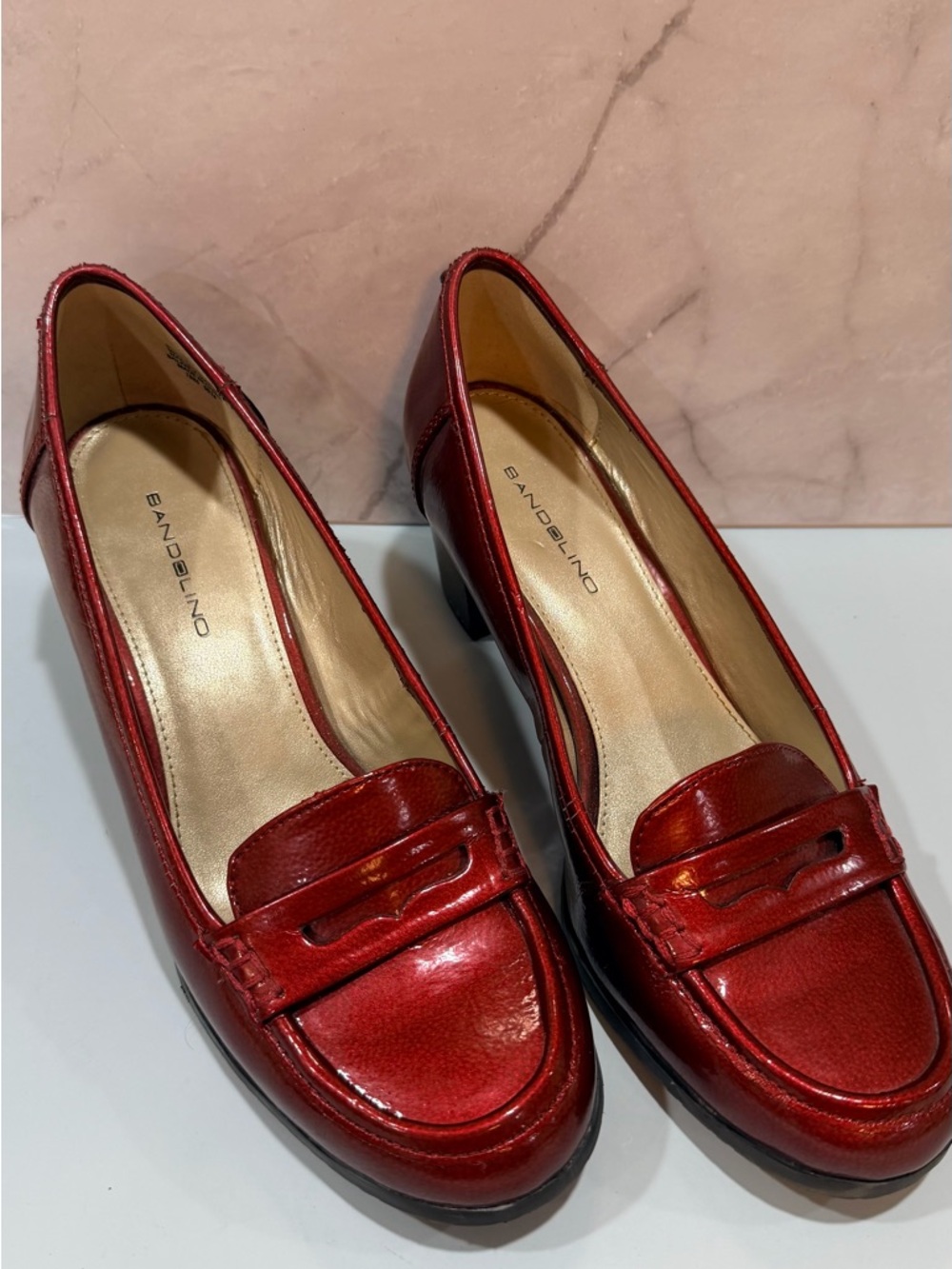 Bandolino Shiny Red Penny Loafers with Low Block Heel